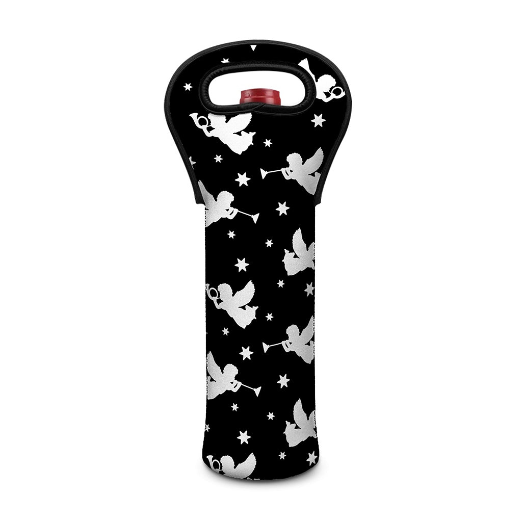 Black And White Angel Pattern Print Single Neoprene Wine Tote