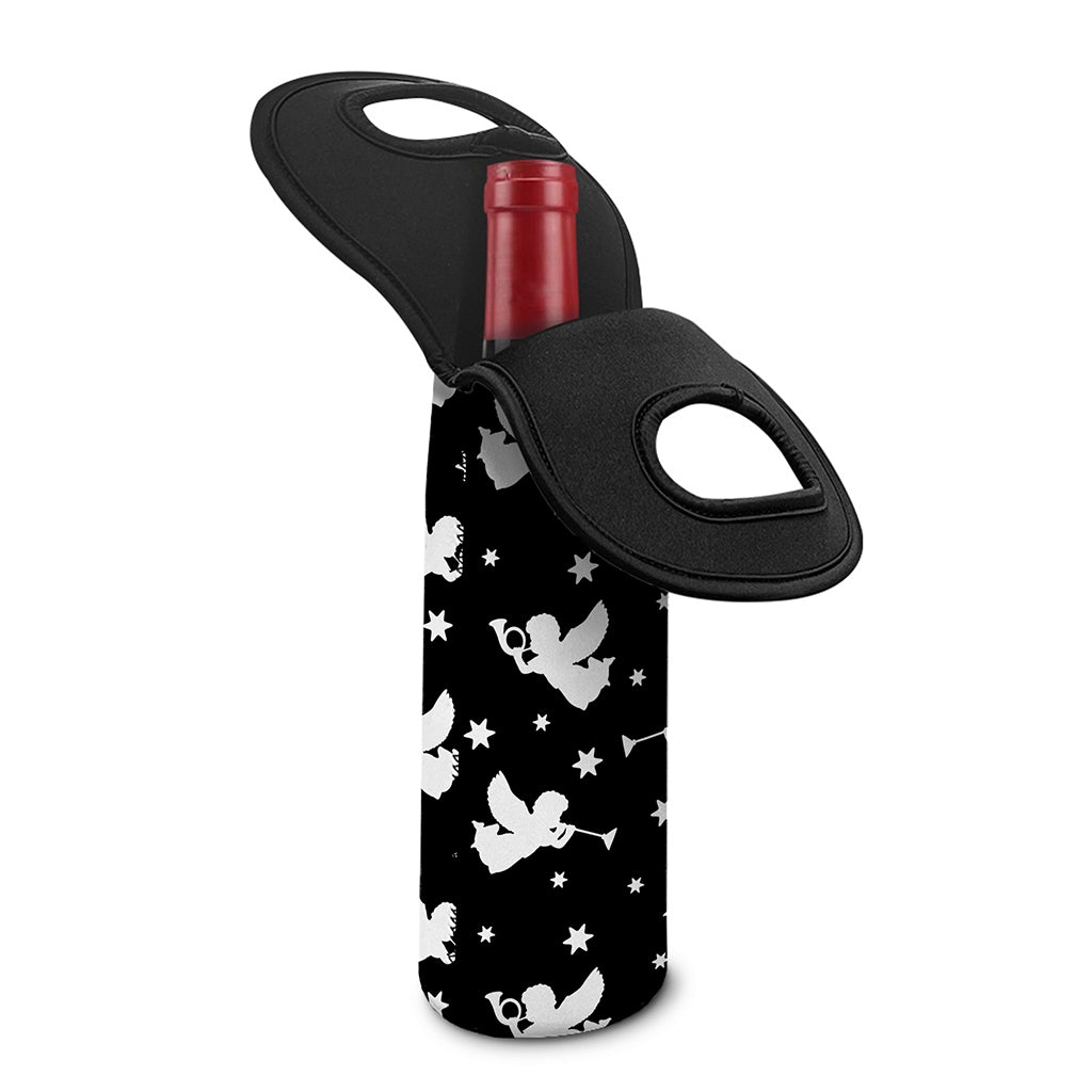 Black And White Angel Pattern Print Single Neoprene Wine Tote