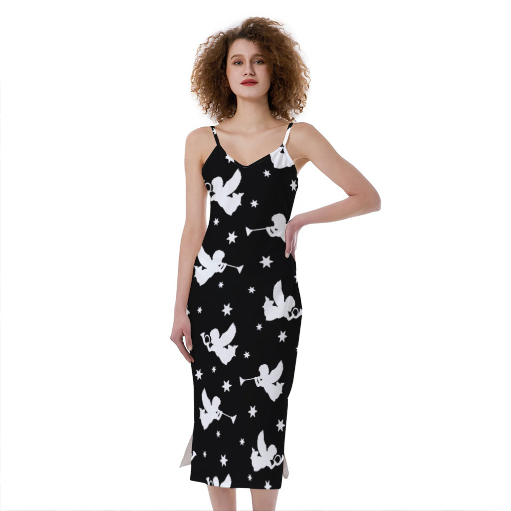 Black And White Angel Pattern Print Slim Fit Midi Cami Dress