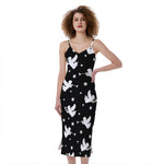 Black And White Angel Pattern Print Slim Fit Midi Cami Dress