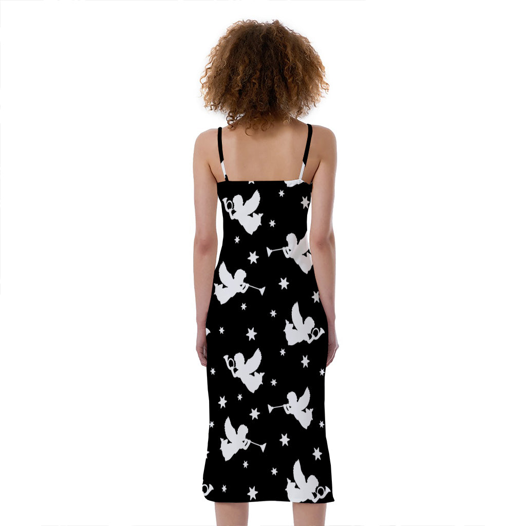 Black And White Angel Pattern Print Slim Fit Midi Cami Dress