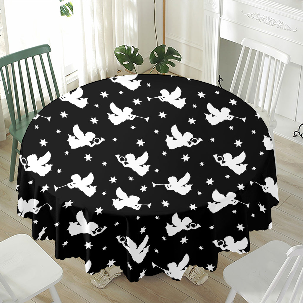 Black And White Angel Pattern Print Waterproof Round Tablecloth