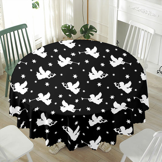 Black And White Angel Pattern Print Waterproof Round Tablecloth