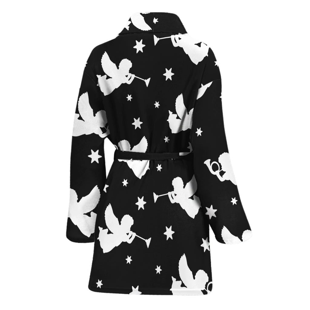 Black And White Angel Pattern Print Women's Bathrobe