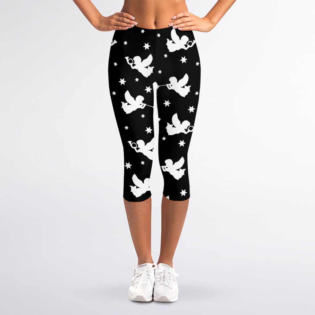 Black And White Angel Pattern Print Women's Capri Leggings