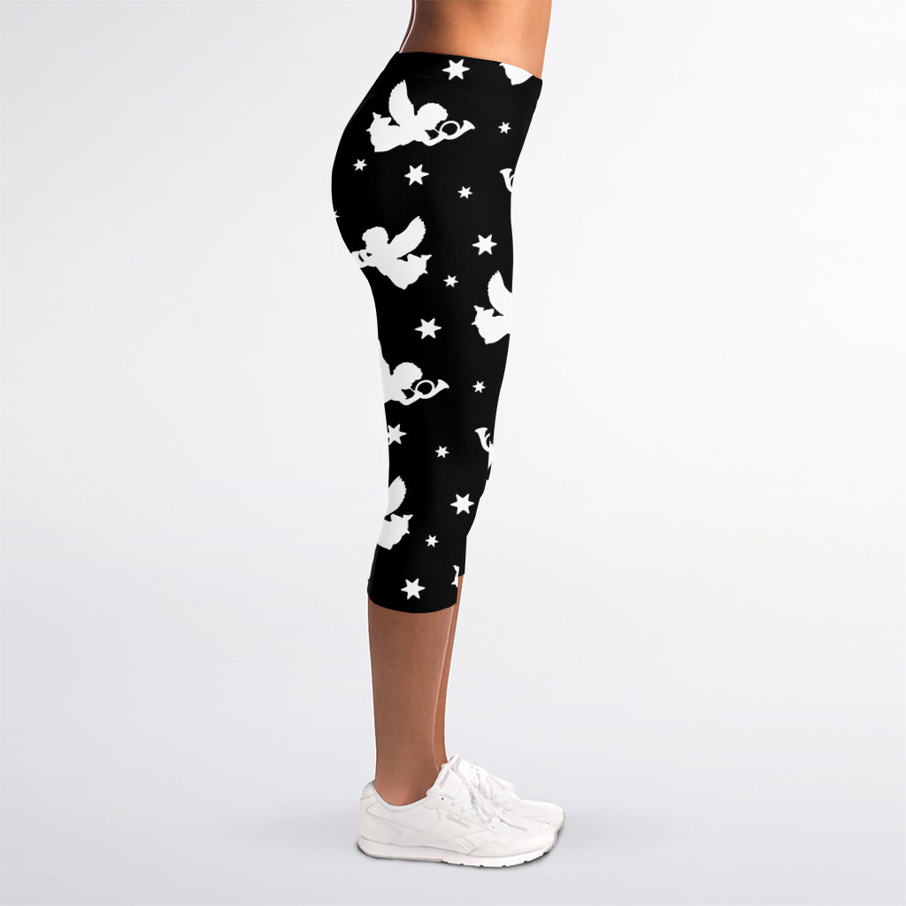 Black And White Angel Pattern Print Women's Capri Leggings
