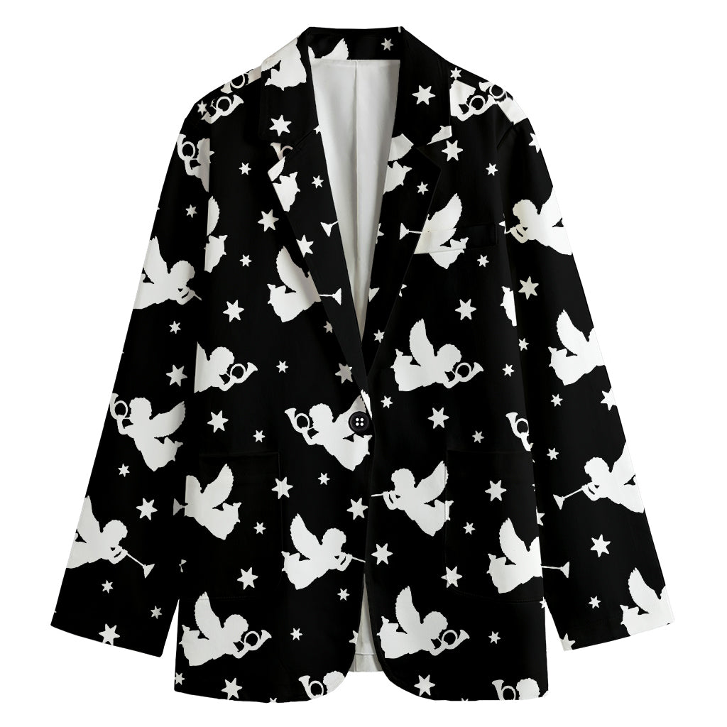 Black And White Angel Pattern Print Women's Cotton Blazer
