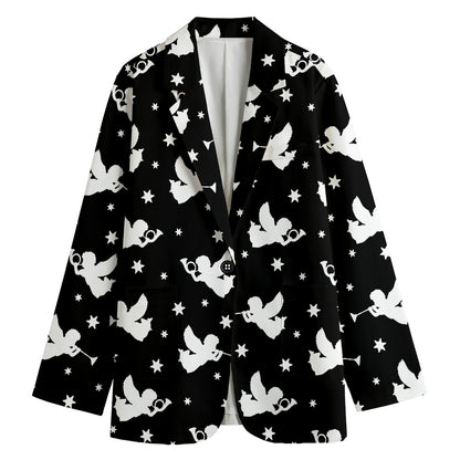 Black And White Angel Pattern Print Women's Cotton Blazer