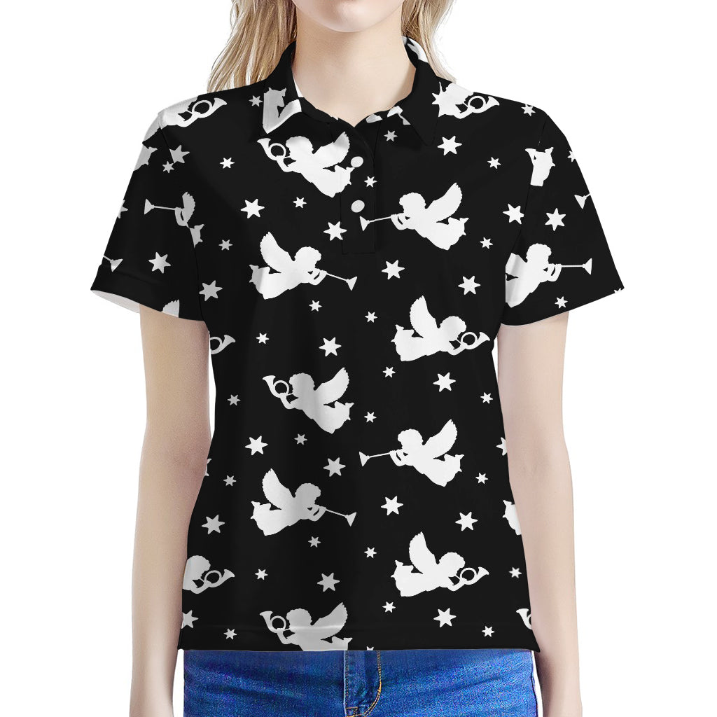 Black And White Angel Pattern Print Women's Polo Shirt