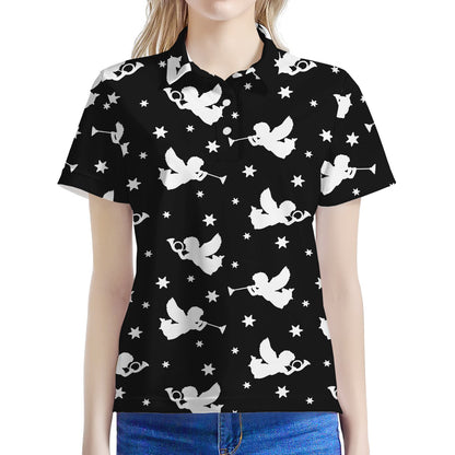 Black And White Angel Pattern Print Women's Polo Shirt