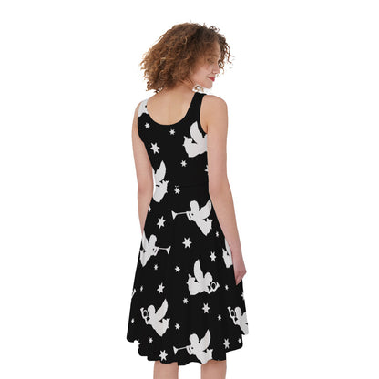 Black And White Angel Pattern Print Women's Sleeveless Dress