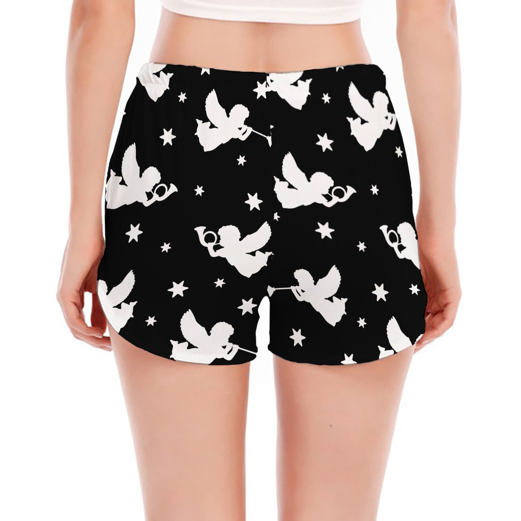 Black And White Angel Pattern Print Women's Split Running Shorts