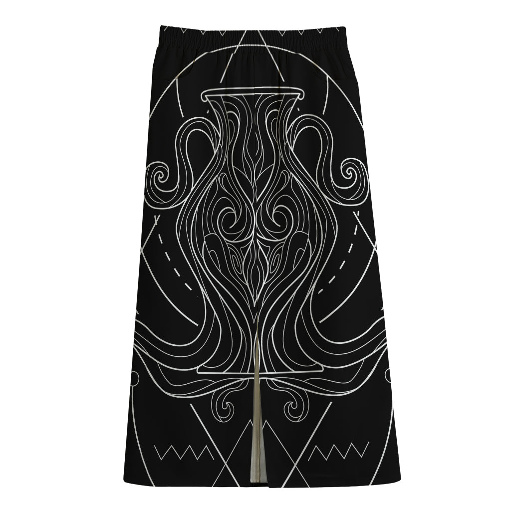 Black And White Aquarius Sign Print Cotton Front Slit Maxi Skirt