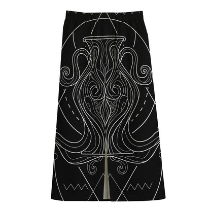 Black And White Aquarius Sign Print Cotton Front Slit Maxi Skirt