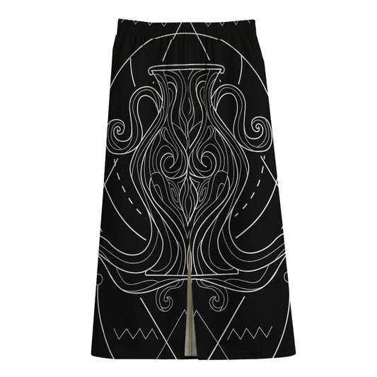 Black And White Aquarius Sign Print Cotton Front Slit Maxi Skirt