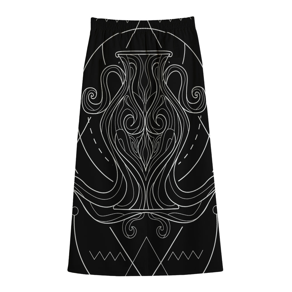 Black And White Aquarius Sign Print Cotton Front Slit Maxi Skirt
