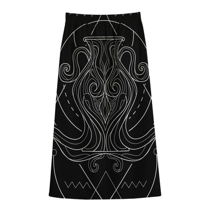 Black And White Aquarius Sign Print Cotton Front Slit Maxi Skirt