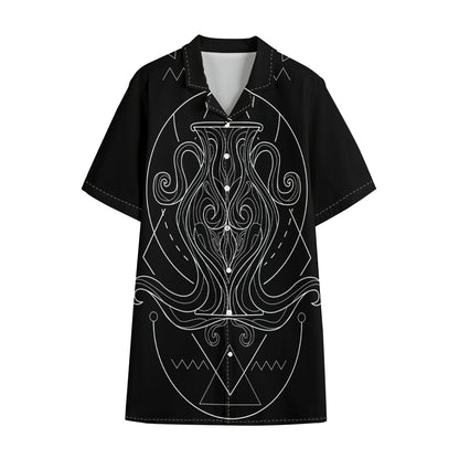 Black And White Aquarius Sign Print Cotton Hawaiian Shirt