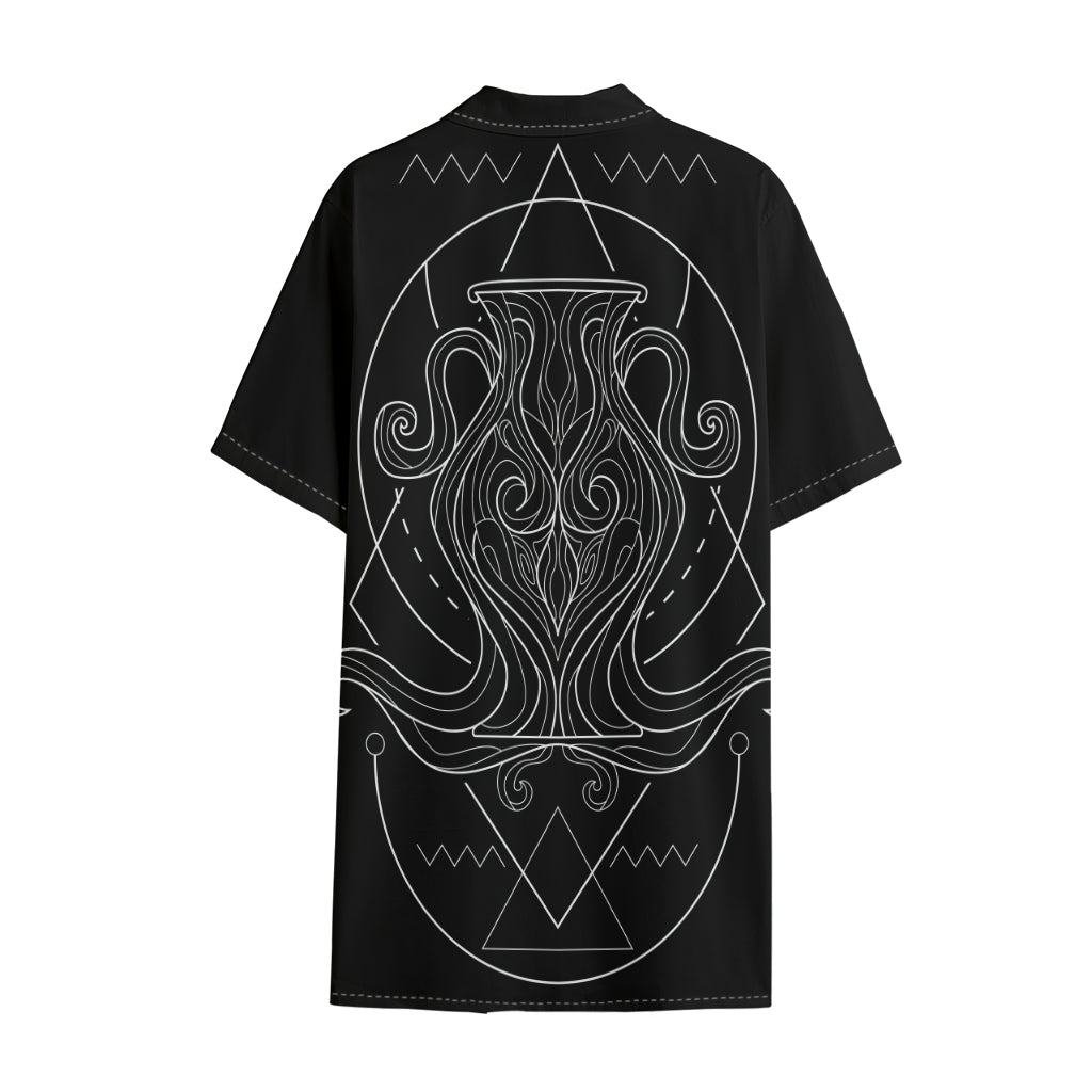 Black And White Aquarius Sign Print Cotton Hawaiian Shirt