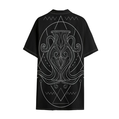 Black And White Aquarius Sign Print Cotton Hawaiian Shirt