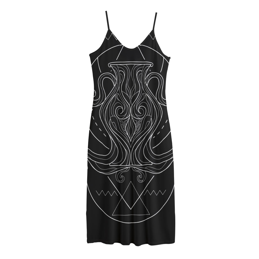 Black And White Aquarius Sign Print Jersey Midi Cami Dress