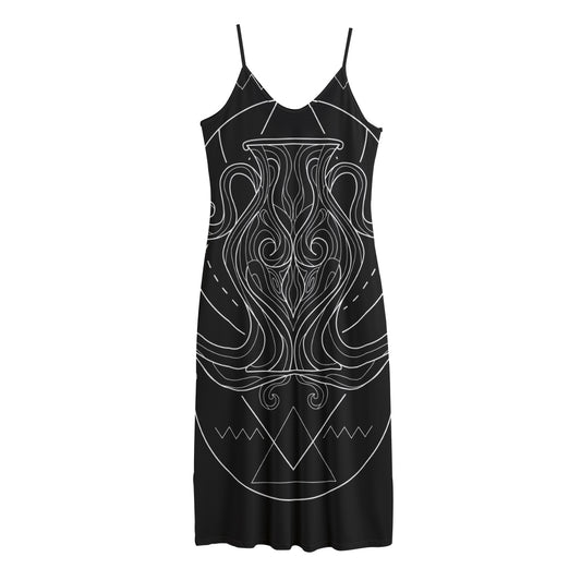 Black And White Aquarius Sign Print Jersey Midi Cami Dress