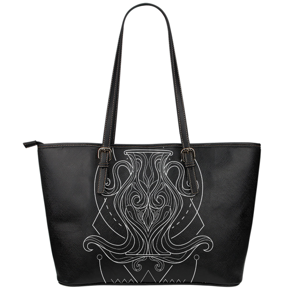 Black And White Aquarius Sign Print Leather Tote Bag