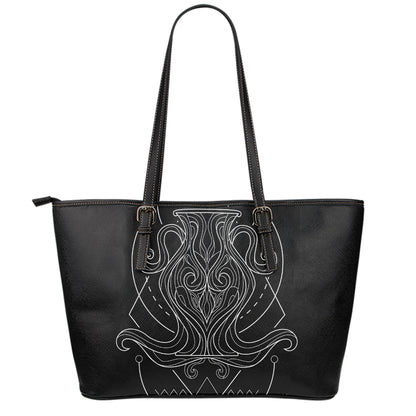Black And White Aquarius Sign Print Leather Tote Bag
