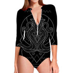 Black And White Aquarius Sign Print Long Sleeve Swimsuit