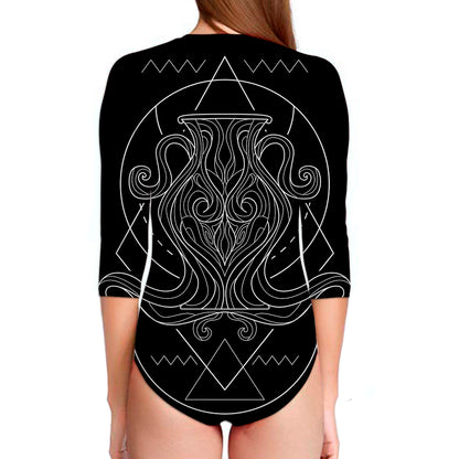 Black And White Aquarius Sign Print Long Sleeve Swimsuit