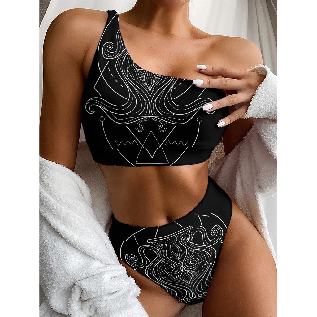 Black And White Aquarius Sign Print One Shoulder Bikini Top