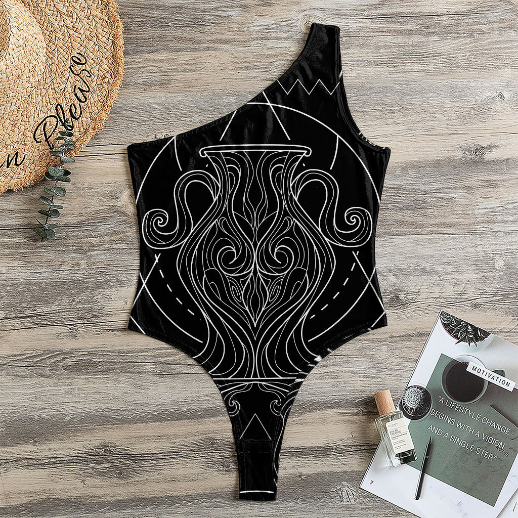 Black And White Aquarius Sign Print One Shoulder Bodysuit