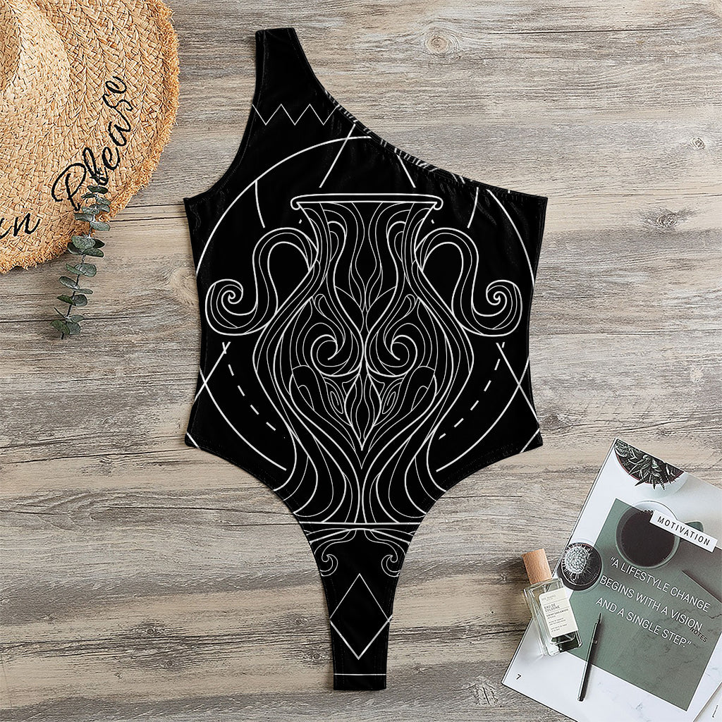 Black And White Aquarius Sign Print One Shoulder Bodysuit