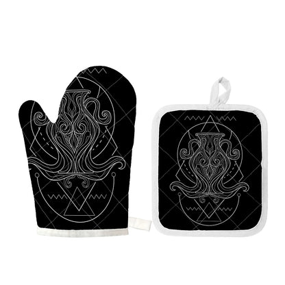 Black And White Aquarius Sign Print Oven Mitt And Pot Holder Set
