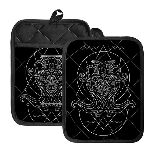 Black And White Aquarius Sign Print Pot Holders With Pocket