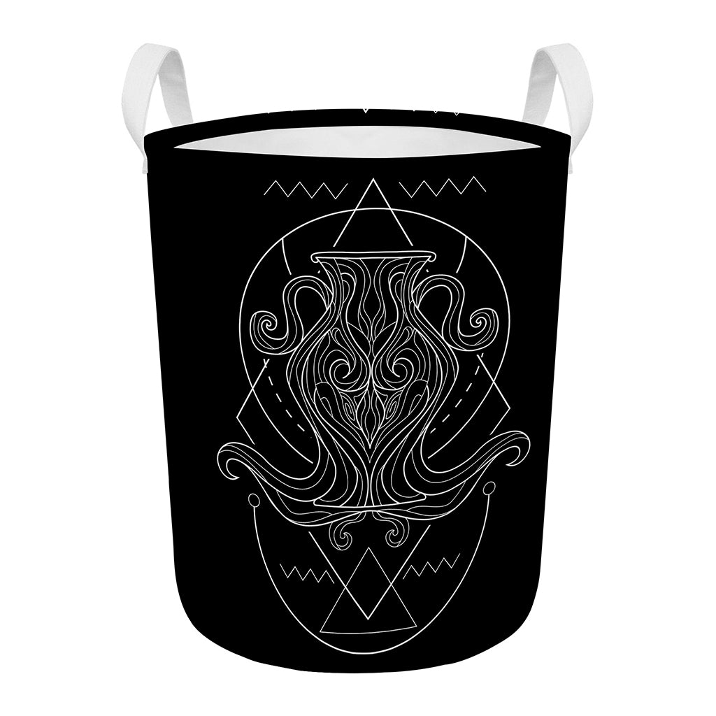 Black And White Aquarius Sign Print Round Laundry Basket