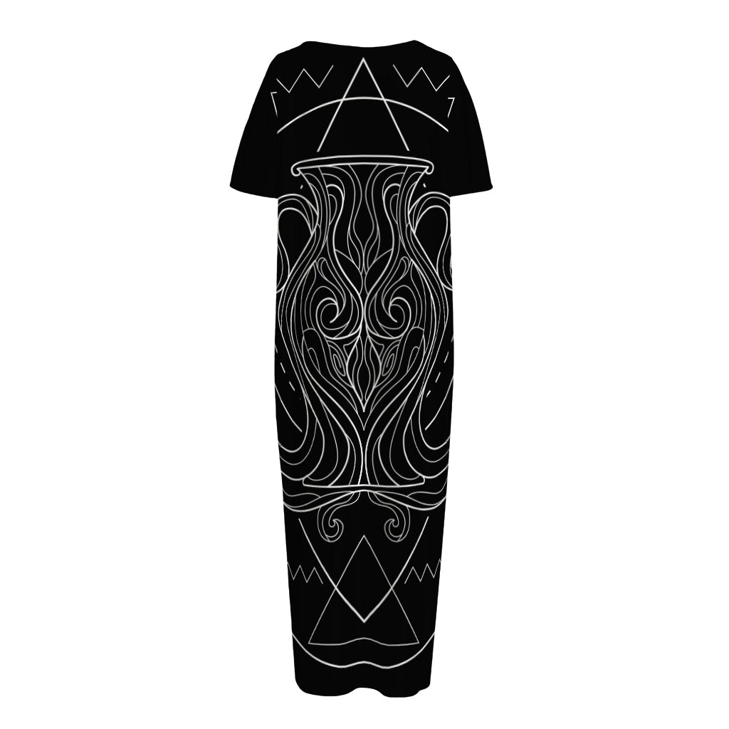 Black And White Aquarius Sign Print Short Sleeve Long Nightdress