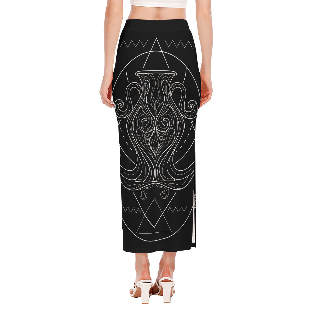 Black And White Aquarius Sign Print Side Slit Maxi Skirt