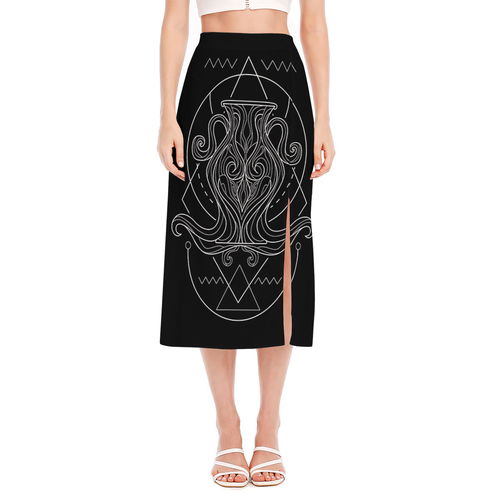 Black And White Aquarius Sign Print Side Slit Midi Skirt
