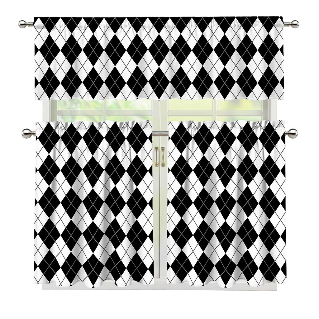 Black And White Argyle Pattern Print 3 Piece Kitchen Curtains