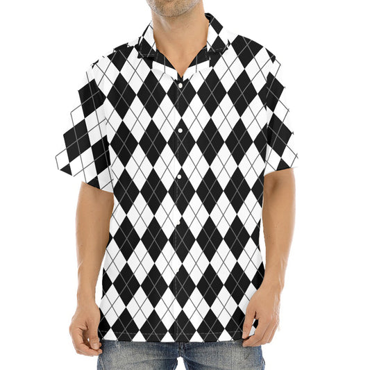 Black And White Argyle Pattern Print Aloha Shirt