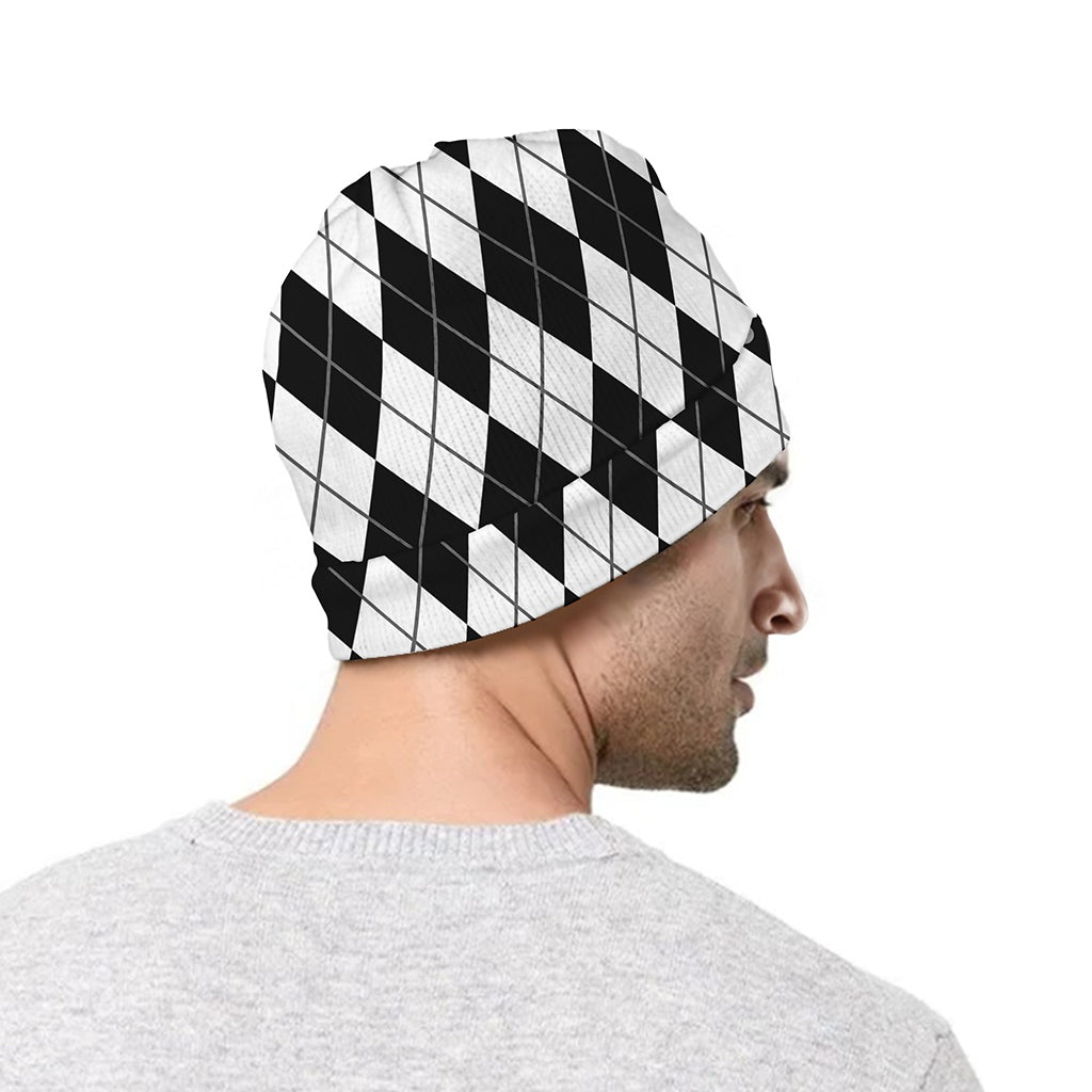 Black And White Argyle Pattern Print Beanie