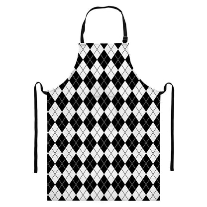 Black And White Argyle Pattern Print Bib Apron With Pocket