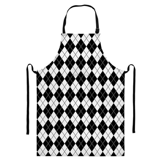 Black And White Argyle Pattern Print Bib Apron With Pocket