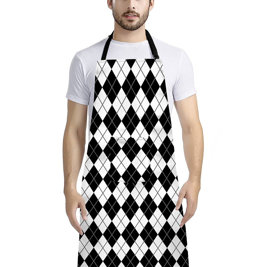 Black And White Argyle Pattern Print Bib Apron With Pocket