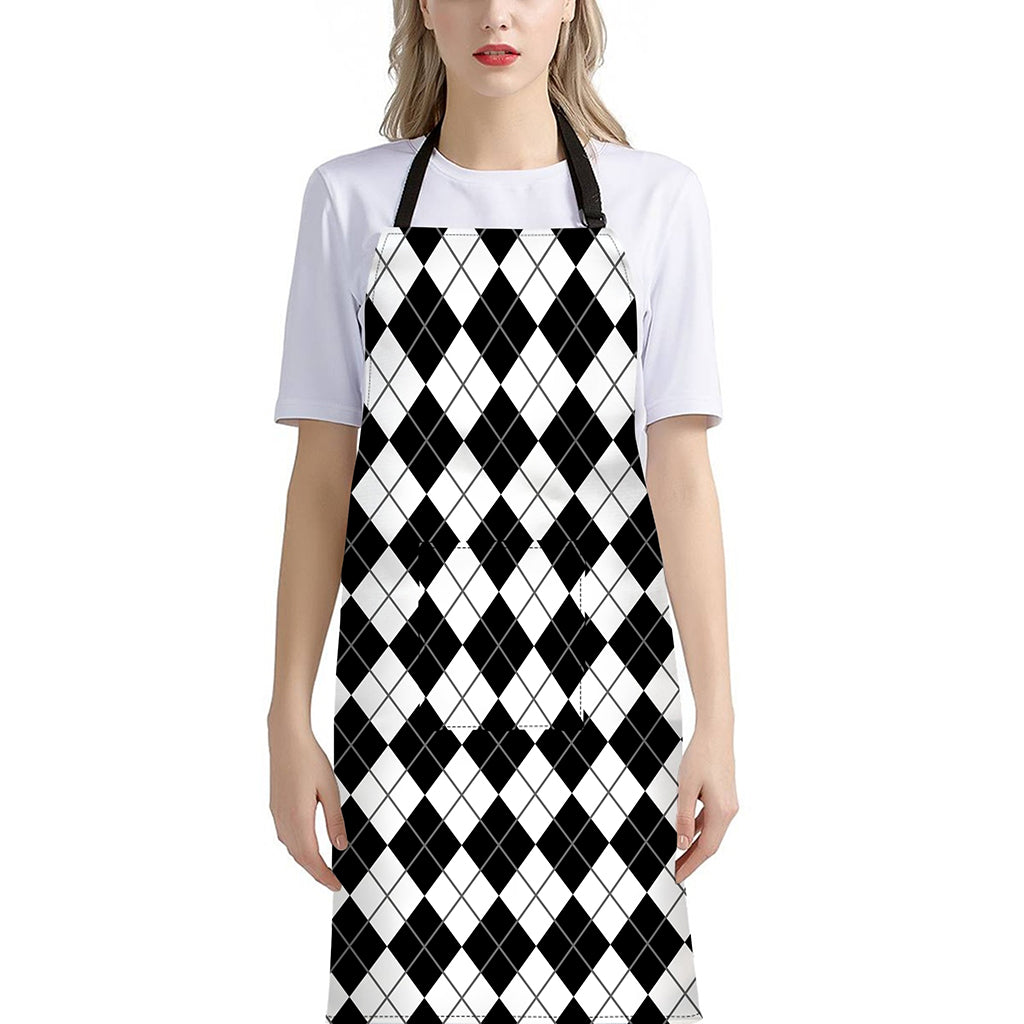 Black And White Argyle Pattern Print Bib Apron With Pocket