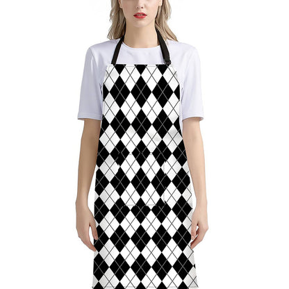 Black And White Argyle Pattern Print Bib Apron With Pocket