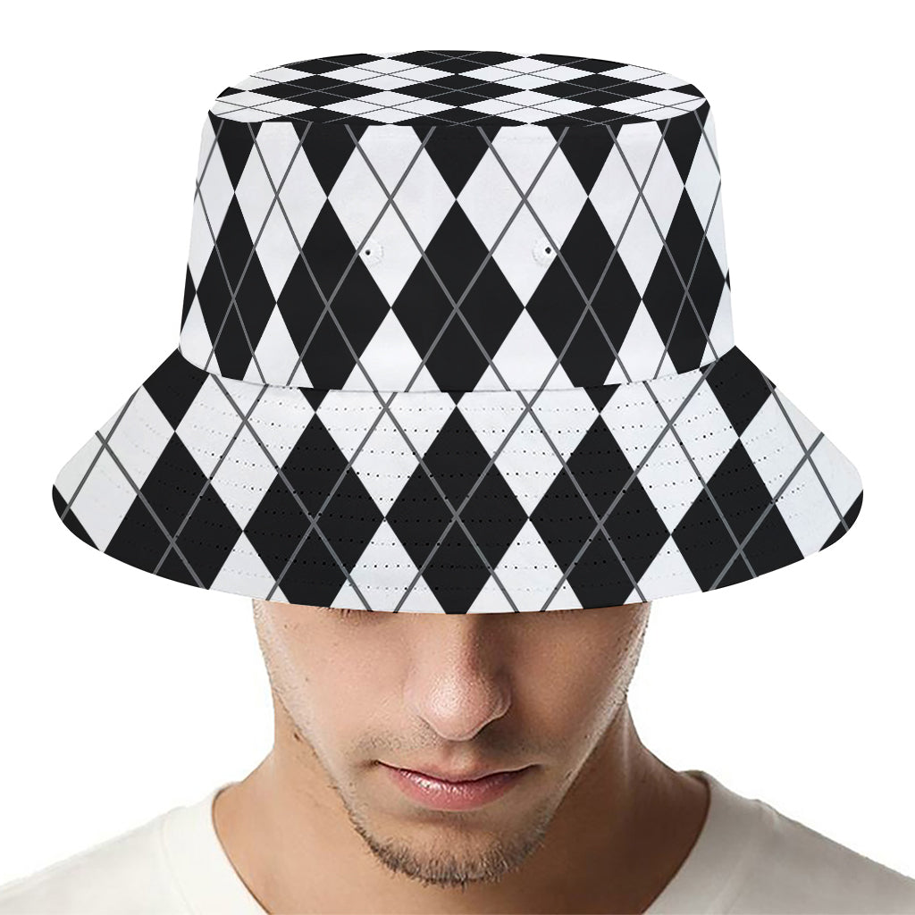 Black And White Argyle Pattern Print Bucket Hat
