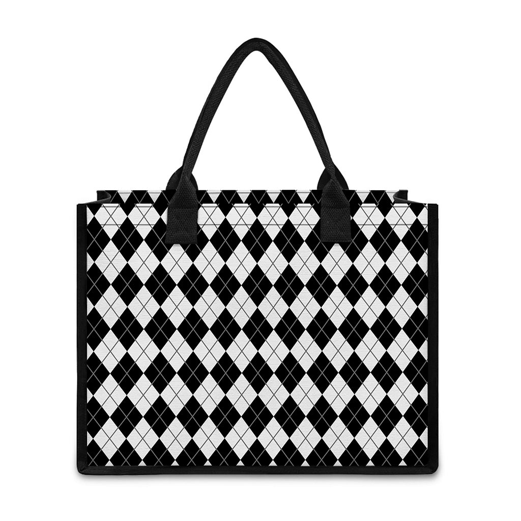 Black And White Argyle Pattern Print Canvas Tote Bag