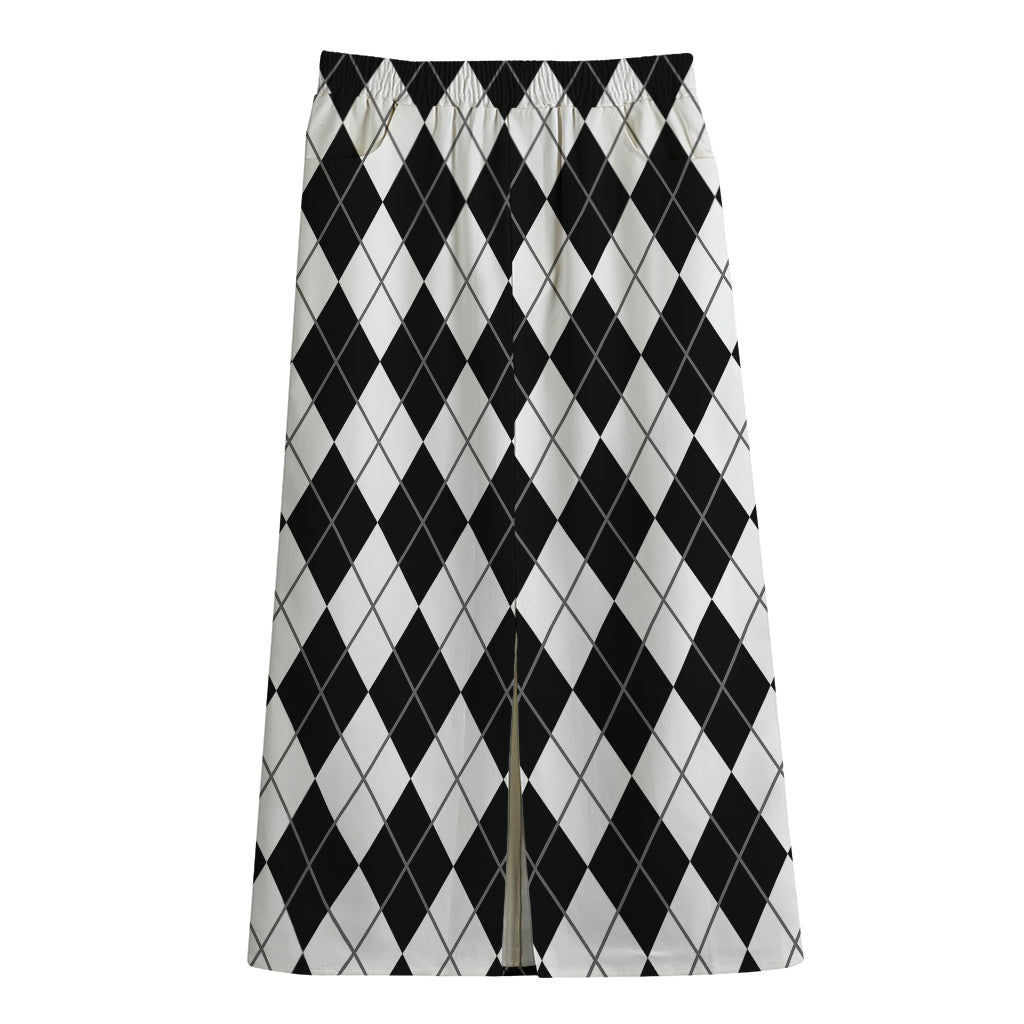 Black And White Argyle Pattern Print Cotton Front Slit Maxi Skirt